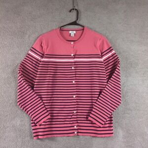 LL Bean Supima Cotton Pink Navy Striped Cardigan Sweater Women's XL